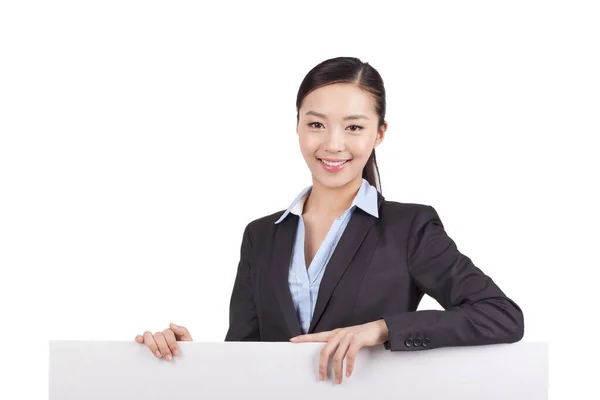 Retrato Uma Empresária Segurando Quadro Branco — Fotografia de Stock