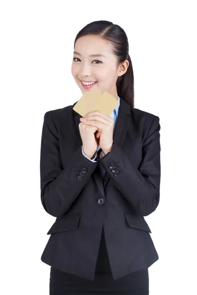 Portrait Businesswoman Holding Blank Card — Stock Photo, Image