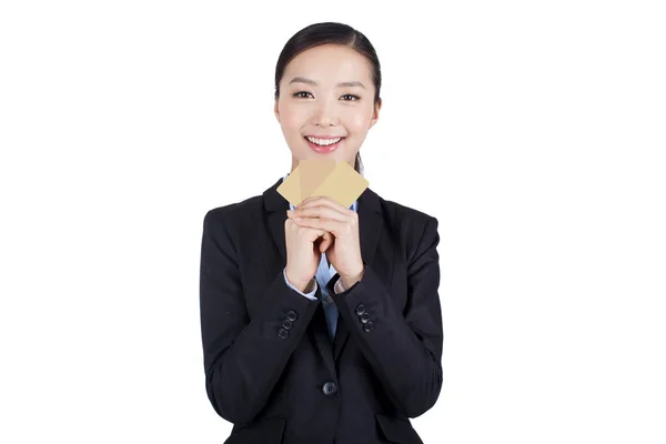 Retrato Uma Empresária Segurando Cartão Branco — Fotografia de Stock