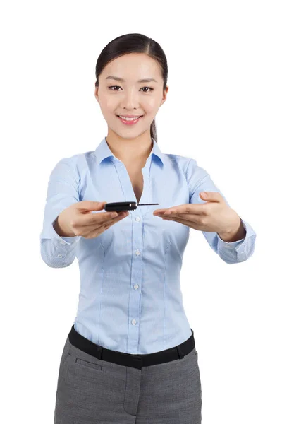 Young Woman Holding Key — Stock Photo, Image