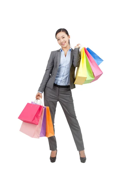 Mujer Joven Sosteniendo Bolsas Compras —  Fotos de Stock