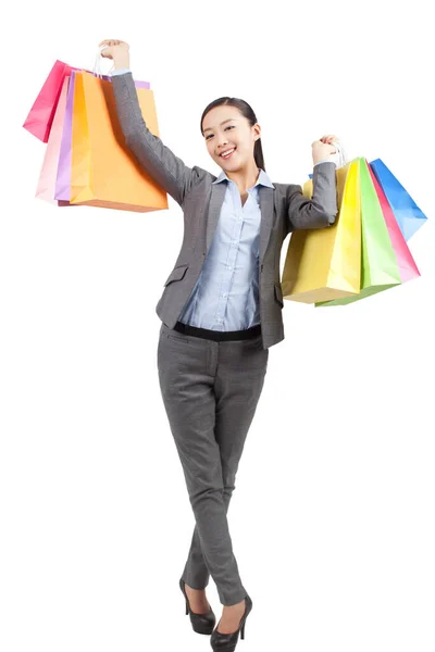 Mujer Joven Sosteniendo Bolsas Compras —  Fotos de Stock