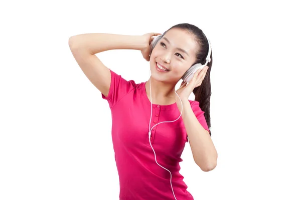 Mujer Joven Escuchando Música Con Auriculares — Foto de Stock