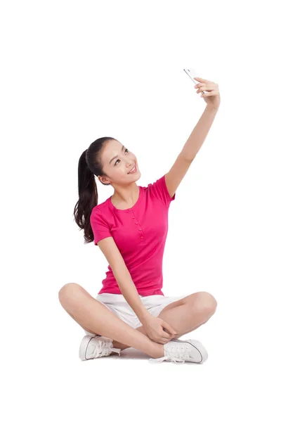Young Woman Photographing Herself Mobile Phone — Stock Photo, Image