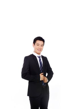 Kolları havada duran bir iş adamının portresi.