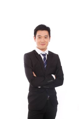 Kolları havada duran bir iş adamının portresi.