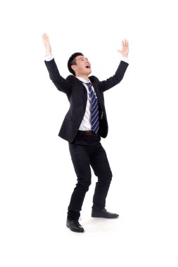 Beyaz arka planda tezahürat yapan iş adamı