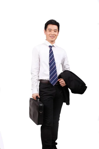 Portrait Confident Businessman Holding Bag — Stock Photo, Image