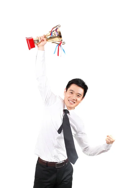 Retrato Del Hombre Negocios Sosteniendo Trofeo Sonriendo — Foto de Stock