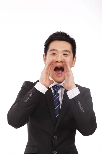 Asiático Empresário Gritando Através — Fotografia de Stock