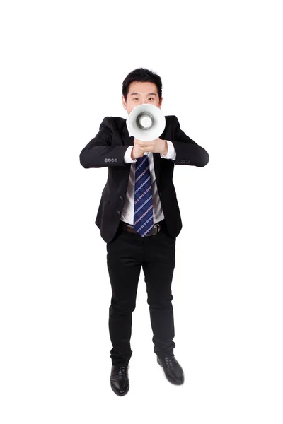 Jovem Empresário Segurando Megafone — Fotografia de Stock