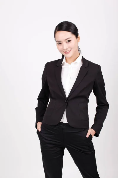 Uma Jovem Mulher Negócios Diferentes Posições — Fotografia de Stock