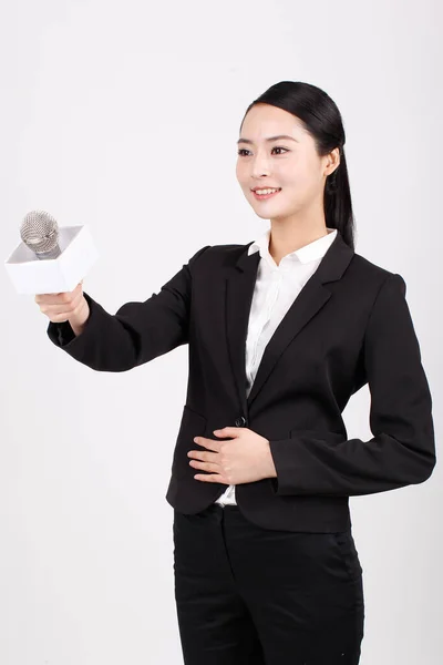 Business Woman Holding Microphone Interview — Stock Photo, Image