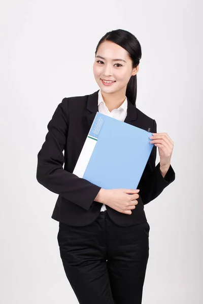 Business Woman Holding Blue Folder — Stock Photo, Image
