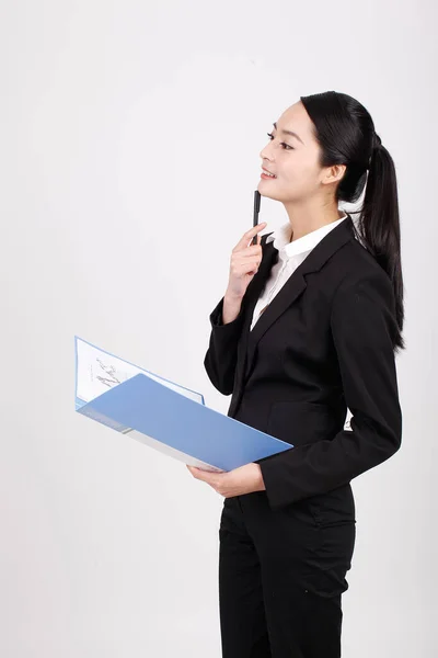 Business Woman Holding Blue Folder — Stock Photo, Image