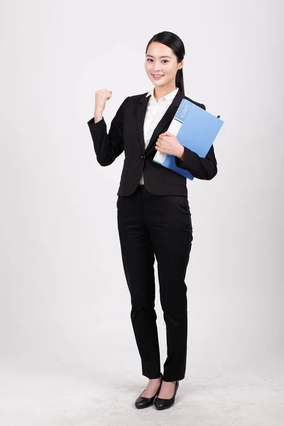 Business Woman Holding Blue Folder — Stock Photo, Image