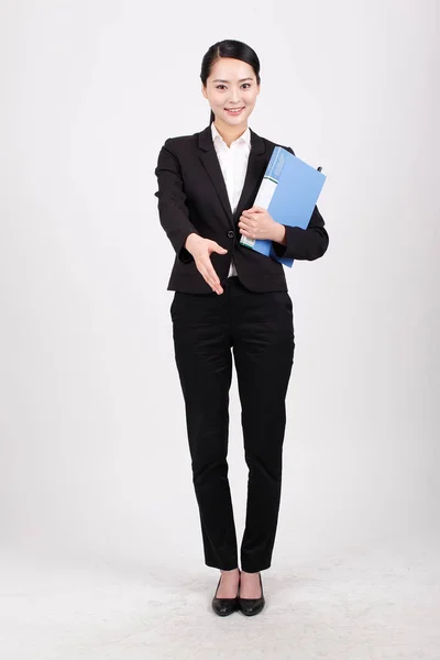 Business Woman Holding Blue Folder — Stock Photo, Image