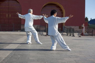 Parkta Tai Chi oynayan iki yaşlı insan.