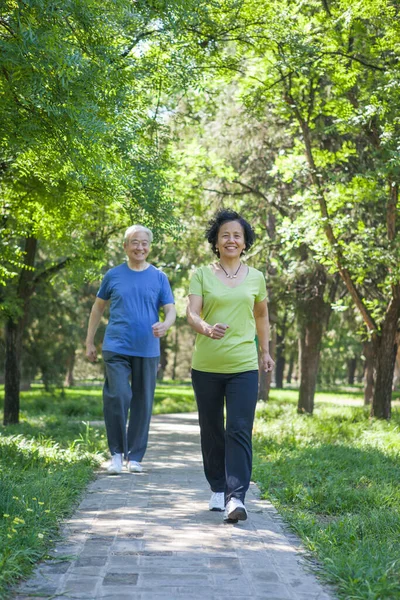 Two old people exercising in the park