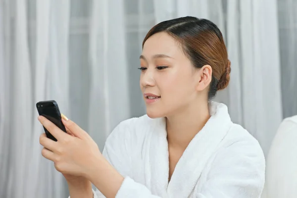 Young Woman Wearing Bathrobe Call — Stock Photo, Image