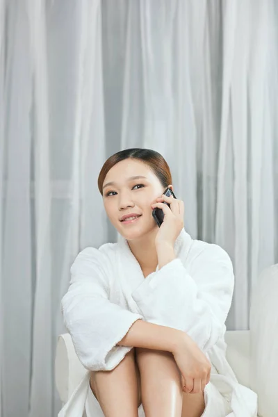 Young Woman Wearing Bathrobe Call — Stock Photo, Image