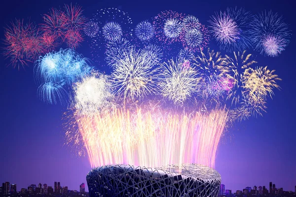 Fireworks over the National Stadium on background