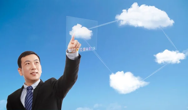 Ein Geschäftsmann Mit Einem Finger Berührt Eine Wolke — Stockfoto