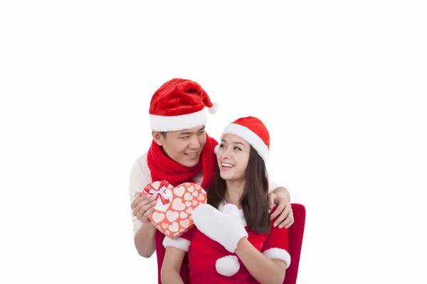 Retrato Pareja Joven Con Sombreros Santa Claus Regalo Celebración — Foto de Stock