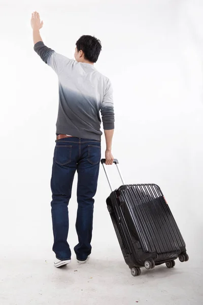 Portrait Young Bisinessman Pulling Valise — Stock Photo, Image