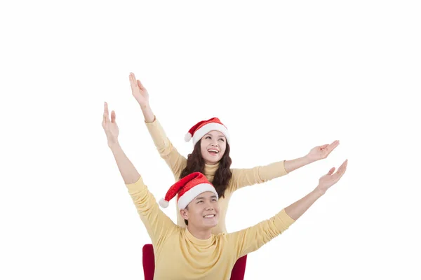 Retrato Jovem Mulher Vestindo Chapéus Papai Noel Sorrindo — Fotografia de Stock