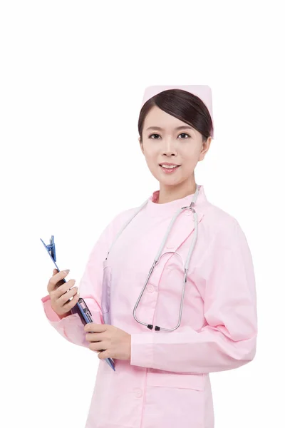 Portret Van Vrouwelijke Verpleegkundige Met Stethoscoopregister — Stockfoto