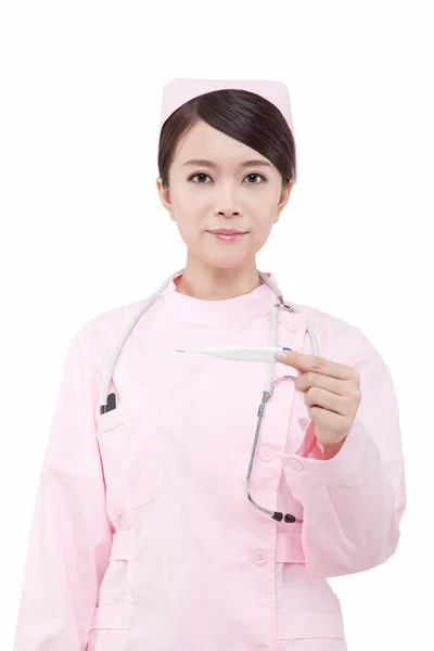 Porträtt Kvinnlig Sjuksköterska Med Stetoskop Som Håller Termometer — Stockfoto