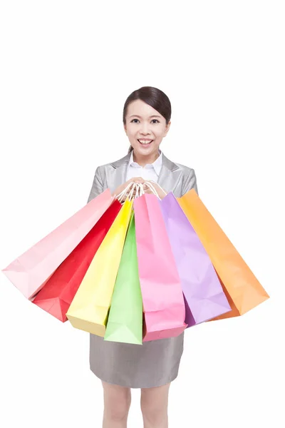 Retrato Una Joven Empresaria Sosteniendo Bolsas Compras Primer Plano —  Fotos de Stock