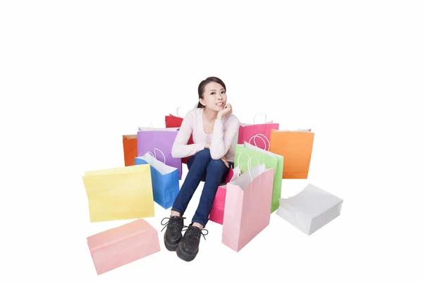 Retrato Mujer Joven Sentada Entre Bolsas Compras Vista Alta —  Fotos de Stock