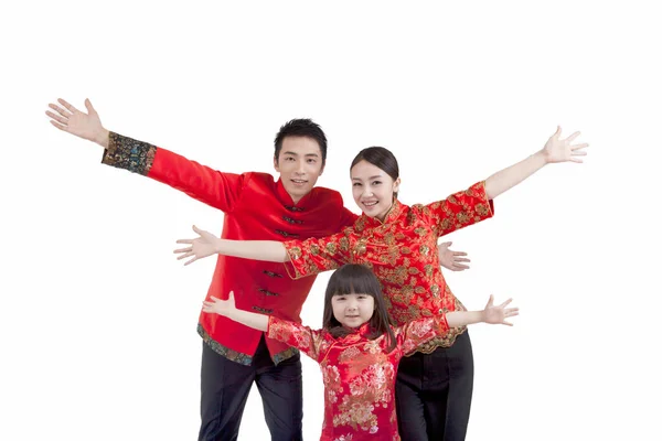 Portrait Daughter Parents Tang Suits Opening Arms — Stock Photo, Image