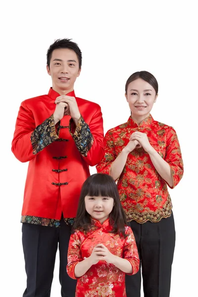 Retrato Filha Com Pais Ternos Tang Que Pagam Chamada Ano — Fotografia de Stock