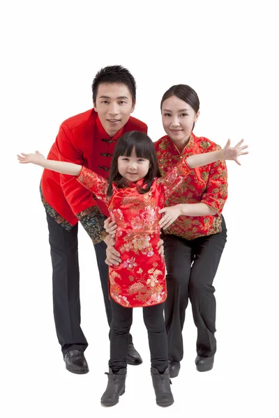 Portrait Daughter Opening Arms Parents Tang Suits — Stock Photo, Image