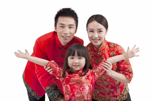 Portrait Daughter Opening Arms Parents Tang Suits — Stock Photo, Image