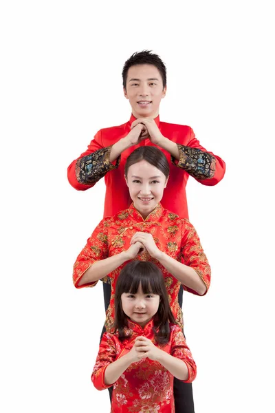 Retrato Filha Com Pais Ternos Tang Que Pagam Chamada Ano — Fotografia de Stock