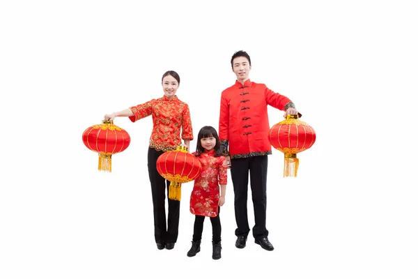 Porträtt Familj Med Röda Lyktor Tang Kostymer — Stockfoto