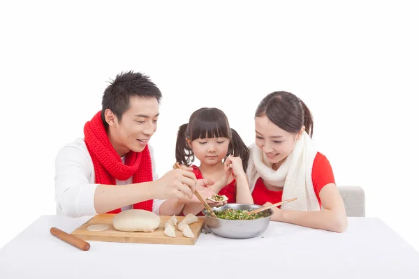 Portrait Daughter Parents Making Dumplings Celebrating Spring Festival — Stock Photo, Image