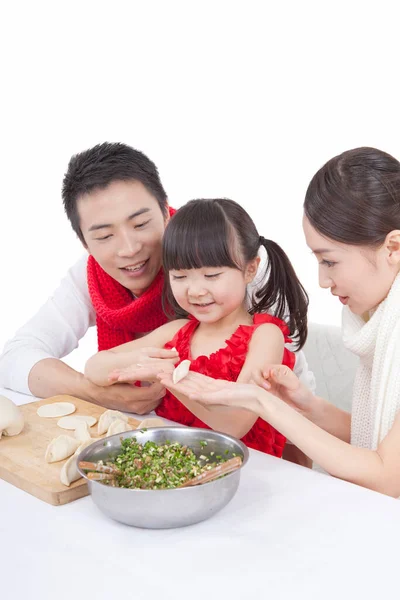 Portrait Daughter Parents Making Dumplings Celebrating Spring Festival — Stock Photo, Image