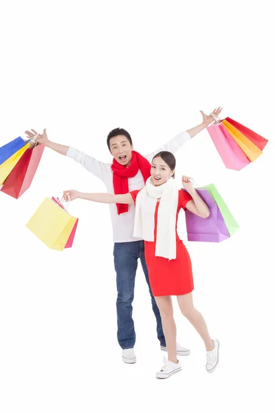 Retrato Pareja Joven Sosteniendo Bolsas Compras — Foto de Stock