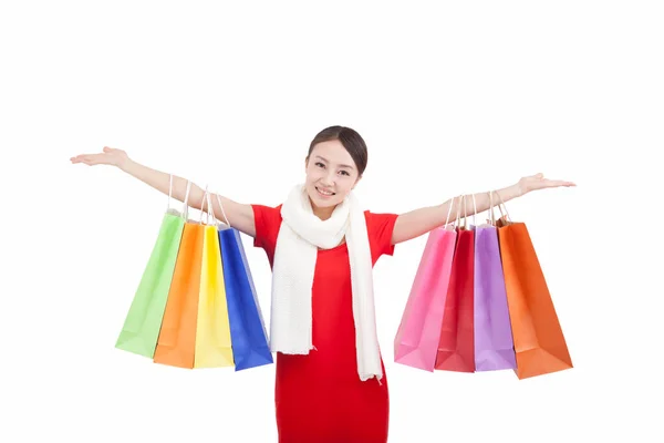 Retrato Una Joven Sosteniendo Bolsas Compras Abriendo Brazos —  Fotos de Stock