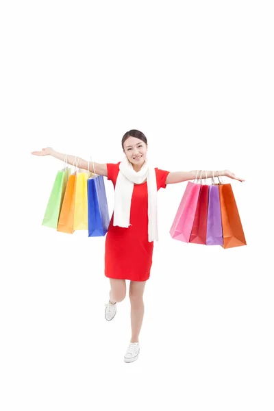 Retrato Una Joven Sosteniendo Bolsas Compras Abriendo Brazos — Foto de Stock