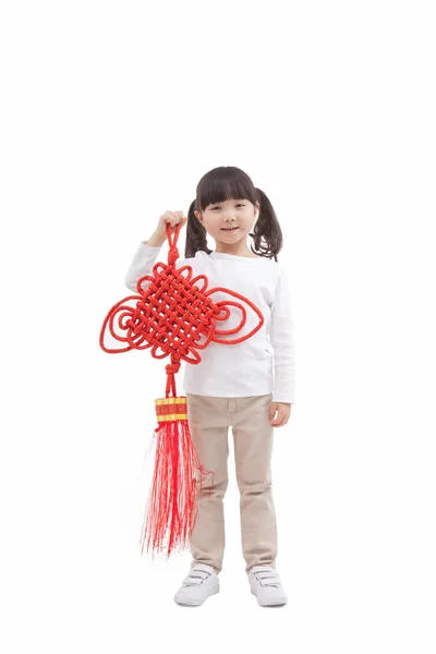 Portrait Little Girl Holding Chinese Knot — Stock Photo, Image
