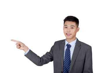 İşadamının portresi yukarı bakıyor, işaret ediyor