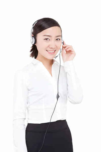 Businesswom Usando Auriculares Sonriendo Retrato — Foto de Stock
