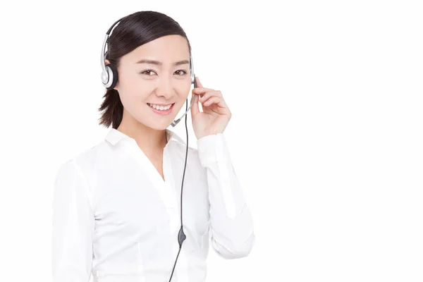 Businesswom Usando Auriculares Sonriendo Retrato — Foto de Stock