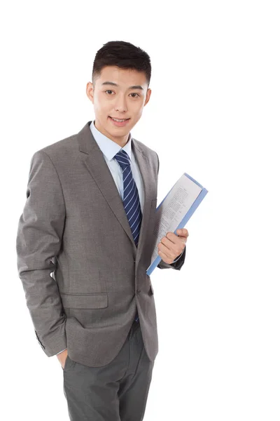 Portrait Young Bisinessman Holding Folder — Stock Photo, Image